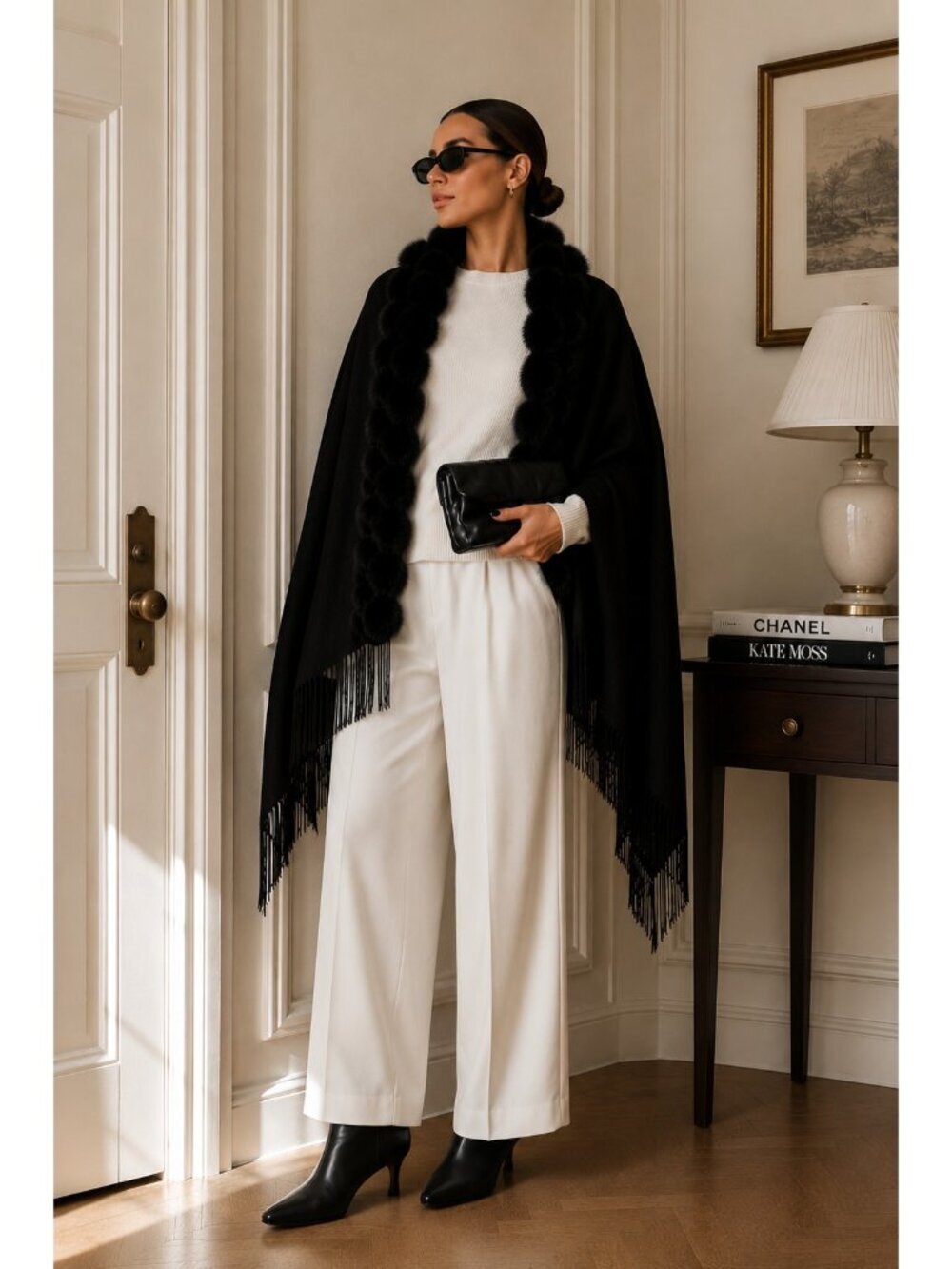 Belle Fare Black Cashmere Rabbit Fur Trim Wrap Shawl Cape Poncho Fringe One Size